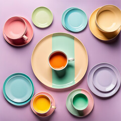 Minimalist flat lay of pastel plates and coffee cups on colorful background