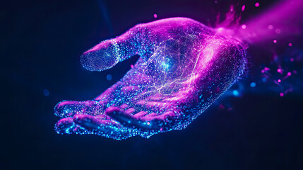 Abstract visualization of human hand made of glowing blue and magenta particles, symbolizing connectivity, big data, and future of artificial intelligence networks.