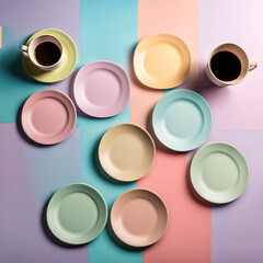 Minimalist flat lay of pastel plates and coffee cups on colorful background