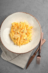 Creamy penne pasta tossed with melted cheeses, blue cheese pieces and baked parmesan crisp on ceramic plate. Rich Italian cheese pasta, decadent gourmet meal, elegant modern plating