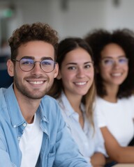 Colleagues smiling together office space group bright environment close view team spirit