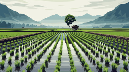 Fototapeta premium Low Poly Vast green rice paddies stretch towards misty mountains with a lone tree and hut