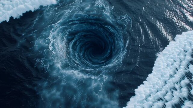 Deep blue swirling vortex in choppy ocean with ice floes