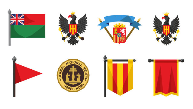 Low Poly Collection of heraldic symbols, flags, and emblems from various countries and regions