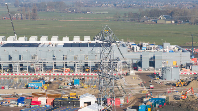 Groningen, Netherlands - 20 January 2026: Aerial view of the sprawling Google data center construction site, a hive of activity under a crisp winter sky.