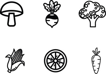 Black and white line drawings of various vegetables and a tree