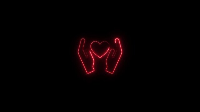 Neon Hands Holding Heart Symbol Red Glowing Love Care Compassion