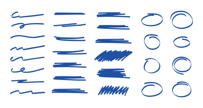 Hand drawn blue marker underline elements set.Artistic doodle underlines collection isolated on white background.