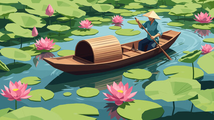 Low Poly Person in conical hat rows a boat through a serene pond filled with pink lotus flowers and lily pads