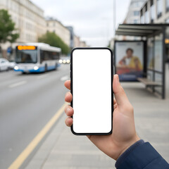 Hand holding smartphone with blank screen at city bus stop urban street