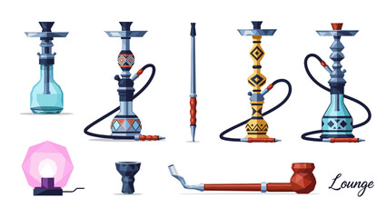 Colorful geometric hookahs and pipes collection with lounge decor elements