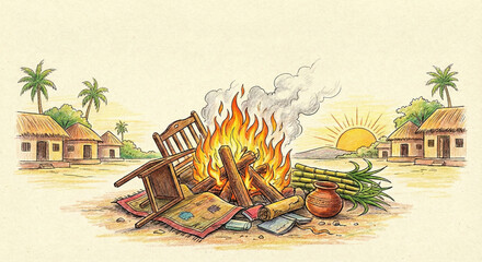 Traditional Bhogi Festival Illustration Featuring a Bonfire Burning Old Items, Sugarcane, and a Rural Village Sunrise