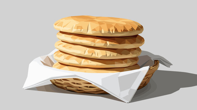 Low Poly Stack of flatbreads in a basket with white napkin, low poly illustration