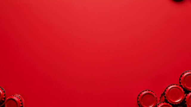 A collection of shiny red bottle caps scattered on a red surface, forming a frame