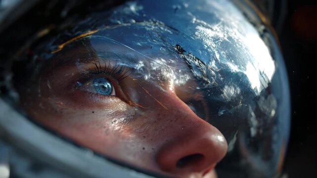 Astronaut eye reflected in helmet visor with Earth and space