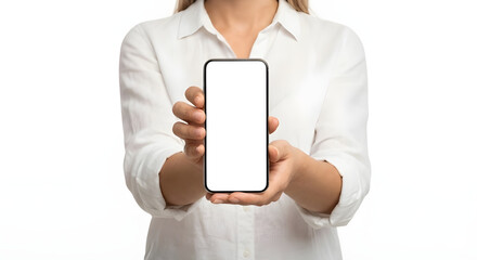 Businesswoman presenting smartphone with blank screen isolated on white background