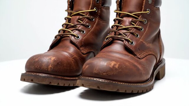 Close Up of Worn Brown Leather Work Boots on White Backdrop with Metal Eyelets and Tan Laces Detailed Stitching and Scratches for an Authentic and Rugged Look