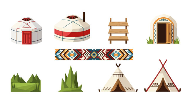 Traditional nomadic elements and patterns featuring yurts and teepees