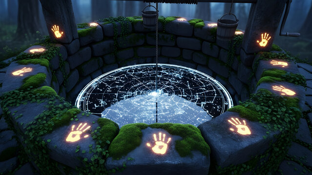 Ancient stone well in a forest with glowing handprints and a starry constellation map image photo
