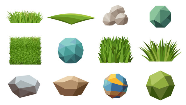 3d geometric grass and rock set for game design and landscaping