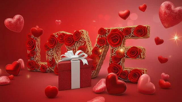 Romantic 3d text love made of red roses and gold frames with gift box and hearts on red background with bokeh lights, concept of saint valentine's day celebration
