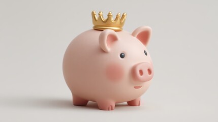 Obraz premium Cute piggy bank with golden crown on top, symbolizes saving money and financial success for children and adults alike