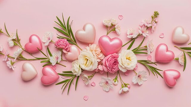 Flat lay of pink satin hearts and delicate spring flowers with roses and cherry blossoms on soft pink background with side blurred elements, concept of gentle romantic aesthetics