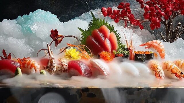 Exquisite Sushi & Sashimi Platter Displayed on Ice with Red Floral Accents, Perfect for Culinary and Restaurant Visuals