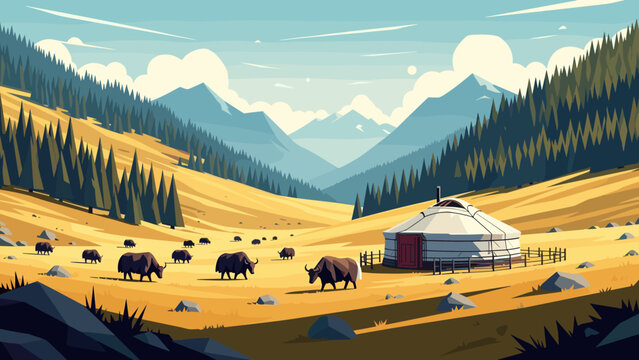Herd of yaks grazing in a vast mountain valley with a traditional yurt dwelling