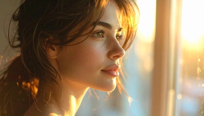 Woman Gazing Out Window at Sunset.