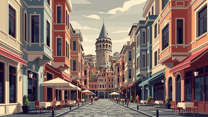 Charming european street scene with historic tower and colorful architecture