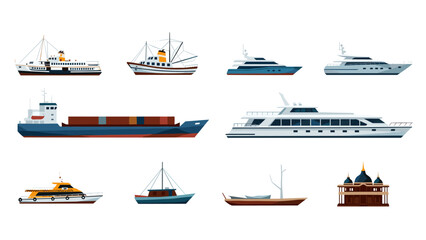 Collection of flat nautical vessels: yachts, cargo ships, and traditional boats