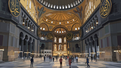 Obraz premium Stunning interior of historic mosque with intricate decorations and tourists exploring