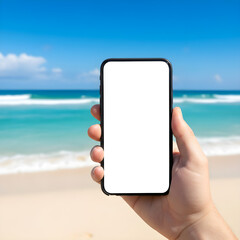 Hand holding smartphone with blank screen at tropical beach background