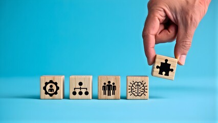 Conceptualizing business strategy with wooden blocks representing team collaboration and artificial intelligence