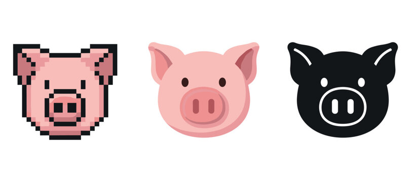 Pixelated, minimalist, and silhouette pig icons set on white background