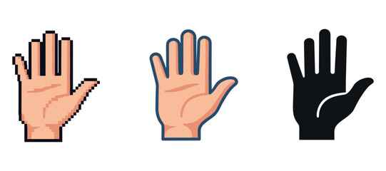 Obraz premium Pixelated, outlined, and silhouette hand illustrations on white background