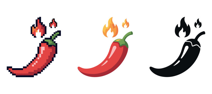 Trio of fiery chili pepper icons: pixel art, cartoon, silhouette