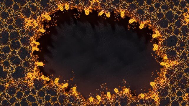 Abstract fiery cracked pattern with molten edges surrounding a dark void