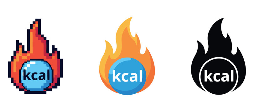 Pixelated, flat, and black-and-white fire icons featuring the word kcal