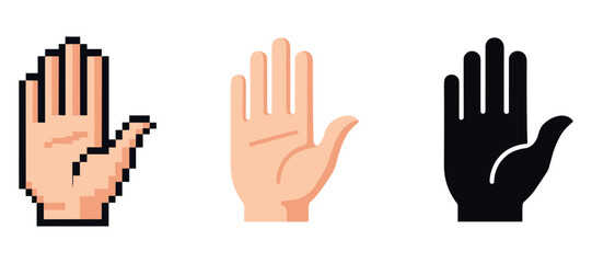 Obraz premium Three diverse hand illustrations in pixel, vector, and silhouette styles