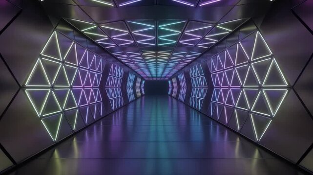 Futuristic corridor with glowing triangular patterns and firefly journey in vibrant neon light