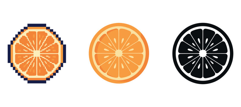 Pixelated, flat, and silhouette orange slices: three styles in comparison