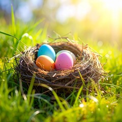 Fototapeta premium Osternest mit bunten Eiern im Frühlingsgras