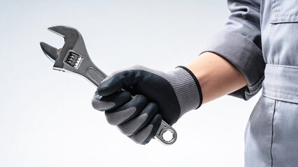 Hand of a technician wearing gray gloves holding an adjustable wrench against a light background, showcasing tools used in mechanical and automotive work