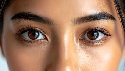 Obraz premium Close-up of a womans brown eyes with mascara and defined eyebrows.