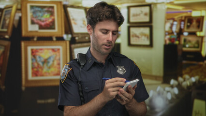 Fototapeta premium Man police officer writing on notepad holding pen with badge and radio visible amid framed paintings in building; duty security.