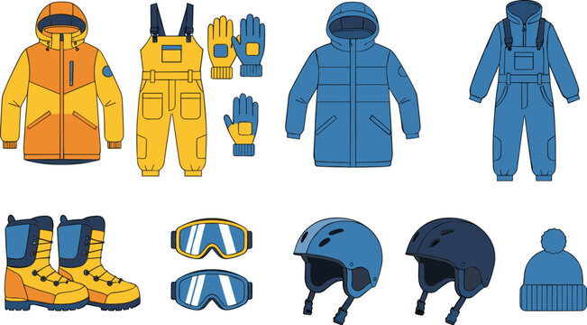 Winter sports clothing and equipment illustration set with jacket boots helmet goggles gloves and insulated overalls