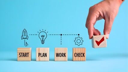 Business process planning and execution with a completed checklist symbolized by blocks and icons