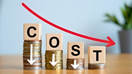 Wooden blocks spelling COST with coins and a downward red arrow indicating cost reduction